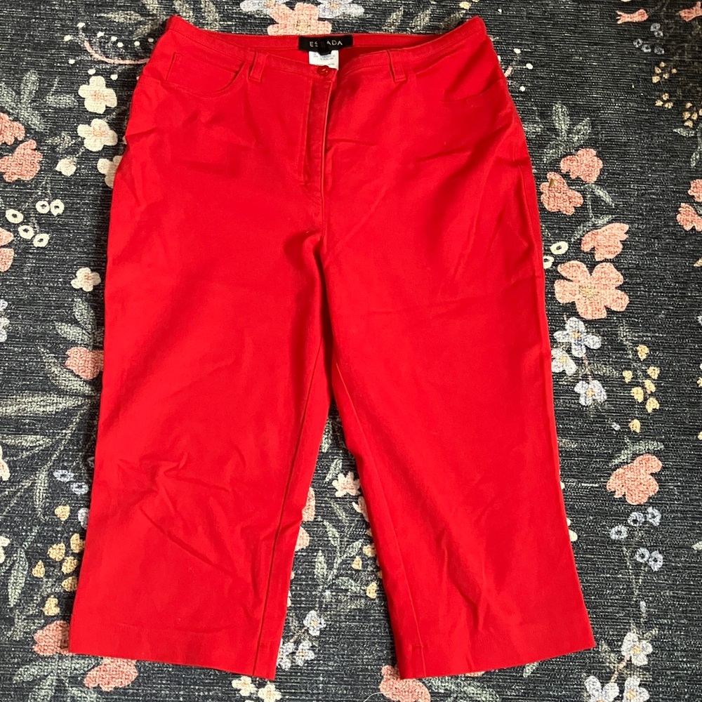 Vintage Escada red high waist capri crop pants star button sz 10 90s Y2K
